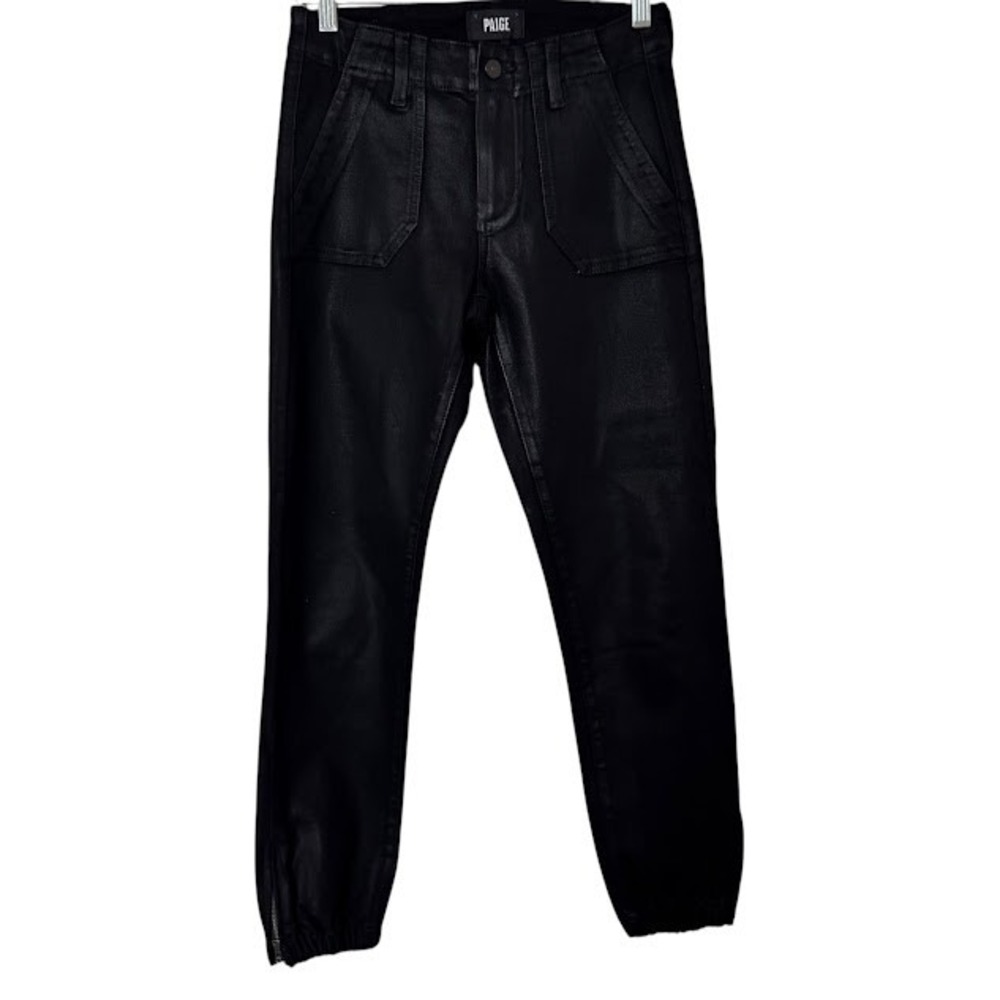 PAIGE Maysie Jogger Coated Denim Black Cropped Casual Pants Womens 25